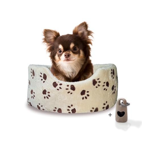 Rohrschneider rundes Hundebett für kleine Hunde | Hundekorb mit hohem Rand | kuscheliges Hundekörbchen aus Jacquard-Plüsch mit weichem Wendekissen | waschbar bei 30° | mit Kotbeutelset | Gr. S von Rohrschneider