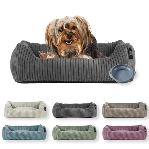 Rohrschneider Hundebett | für kleine Hunde | mit Hundekissen Cord | waschbarer Bezug | inkl. Futternapf (Grau, 55 x 42 cm) von Rohrschneider