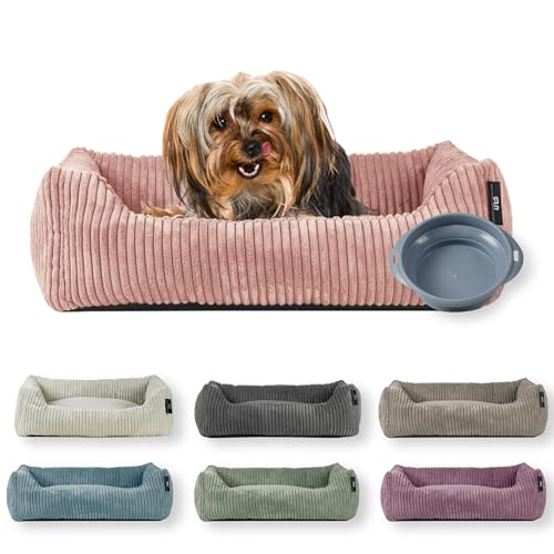 Rohrschneider Hundebett | für kleine Hunde | mit Hundekissen Cord | waschbarer Bezug | inkl. Futternapf (Powder rosa, 55 x 42 cm) von Rohrschneider