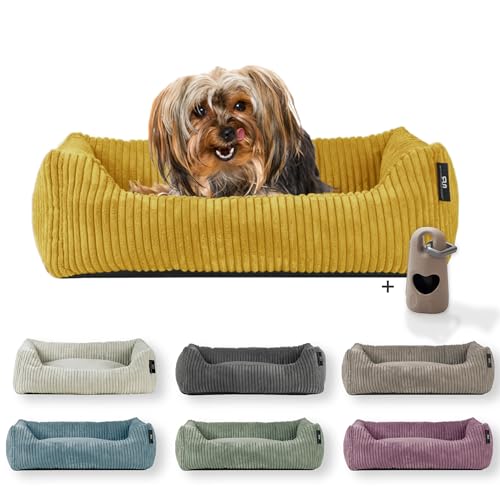 Rohrschneider Hundebett waschbar | für kleine und mittelgroße Hunde | mit Hundekissen Cord | 2 Größen (ca. 55x42 cm/ca. 70x50 cm) inkl. Gassibeutel (Senf 55 cm, Cordstoff breit) von Rohrschneider