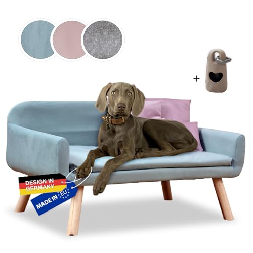 Rohrschneider Hundesofa Chicago | abwaschbares Hundebett für kleine bis mittelgroße Hunde | Vollholzbeine | Stoff: 40.000 Scheuertouren | Made in EU | blau | B 103 x T 57 x H 50 cm | inkl. Gassibeutel von Rohrschneider