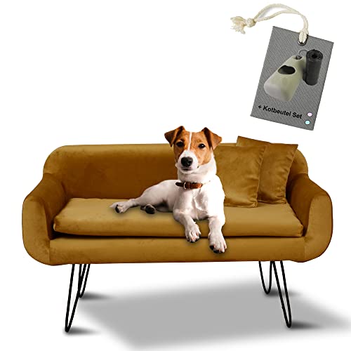 Rohrschneider Hundesofa San Diego Samt mit Zierkissen und Hundekotbeutelset - Stilvolles Design & Komfort für mittlere und große Hunde (Senffarben) von Rohrschneider