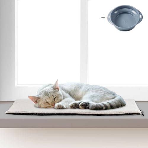 Rohrschneider Katzen Fensterliege selbstwärmend | rutschfeste Fensterbankauflage aus Cordstoff in beige | 60 x 29 cm | waschbare Katzenmatte inkl. Futternapf von Rohrschneider