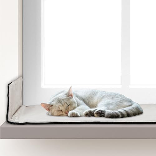 Rohrschneider Katzen Fensterliege selbstwärmend | rutschfeste Fensterbankauflage aus Cordstoff in beige | 90 x 29 cm | waschbare Katzenmatte inkl. Futternapf von Rohrschneider