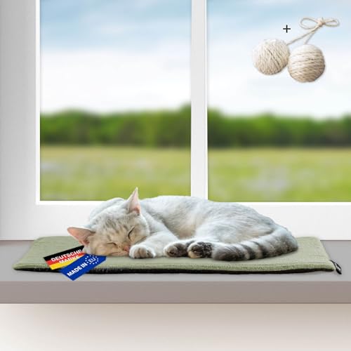 Rohrschneider Katzen Fensterliege | selbstwärmende Katzendecke | Made in EU | Katzenkissen mit Rutschfester Unterlage | waschbares Katzenbett aus Cordstoff | Größe 1 (60 x 29 cm) | Salbei von Rohrschneider