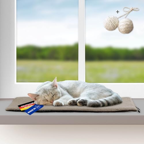 Rohrschneider Katzen Fensterliege | selbstwärmende Katzendecke | Made in EU | Katzenkissen mit Rutschfester Unterlage | waschbares Katzenbett aus Cordstoff | Größe 1 (60 x 29 cm) | Taupe von Rohrschneider