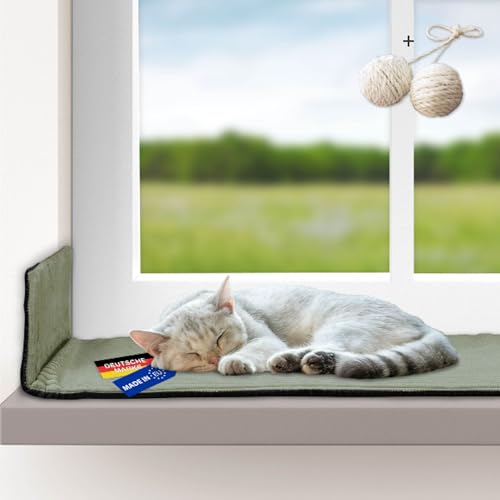 Rohrschneider Katzen Fensterliege | selbstwärmende Katzendecke | Made in EU | Katzenkissen mit Rutschfester Unterlage | waschbares Katzenbett aus Cordstoff | Größe 2 (90 x 29 cm) | Salbei von Rohrschneider