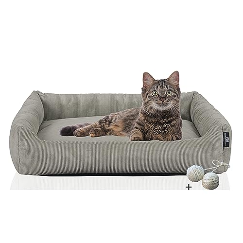 Rohrschneider Katzenbett Cordstoff mit Spielkugelset (Grau, feiner Cordstoff) von Rohrschneider