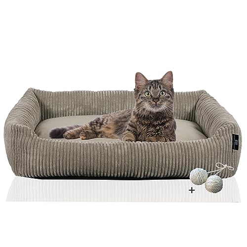 Rohrschneider Katzenbett Cordstoff mit Spielkugelset (Taupe, breiter Cordstoff) von Rohrschneider