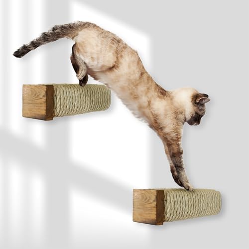 Rohrschneider Katzentreppe Wand | Wandelemente für Katzen mit geflammten Holz | kombinierbar für Katzen Kletterwand | Kratzstamm mit starkem Sisalseil (2er Set) von Rohrschneider
