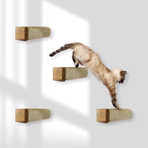 Rohrschneider Katzentreppe Wand | Wandelemente für Katzen mit geflammten Holz | kombinierbar für Katzen Kletterwand | Kratzstamm mit starkem Sisalseil (4er Set) von Rohrschneider
