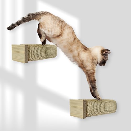 Rohrschneider Katzentreppe Wand | Wandelemente Katze mit naturfarbenen Holz | kombinierbar für Katzen Kletterwand | Kratzstamm mit starkem Sisalseil | Traglast bis 35 kg | 7 x 7 x L 21 cm (2er Set) von Rohrschneider