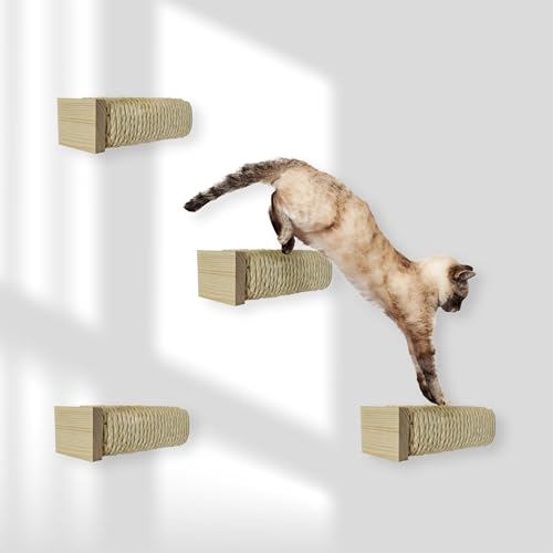 Rohrschneider Katzentreppe Wand | Wandelemente Katze mit naturfarbenen Holz | kombinierbar für Katzen Kletterwand | Kratzstamm mit starkem Sisalseil | Traglast bis 35 kg | 7 x 7 x L 21 cm (4er Set) von Rohrschneider
