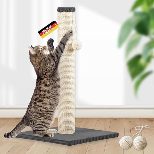 Rohrschneider Kratzbaum klein Kratzsäule mit Spielkugel zur Selbstbeschäftigung | Bodenplatte mit trendigem Cordüberzug | Sisalstärke: 6 mm | Gr. 1 (Höhe 64 cm) | dunkelgrau von Rohrschneider