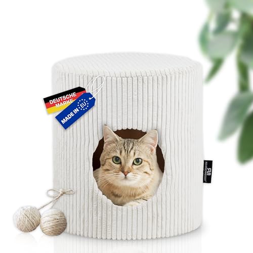 Rohrschneider Katzenhöhle Cord | Made in EU | Katzenbett mit waschbarem Katzenkissen | Katzenhaus Indoor | Sitzgelegenheit bis 60kg | ca. Ø 32 x H 34 cm | beige | inkl. Spielkugelset von Rohrschneider