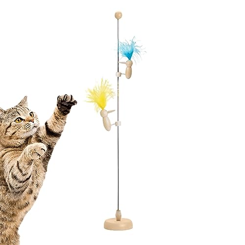 Rolempon Katzenfederspielzeug - Teaser Zauberstab Federspielzeug mit Holzboden - Austauschbares Trainingsspielzeug mit Stahlstabfedern für Kätzchen und Katzen, Katzenzucht, Tierhandlung von Rolempon