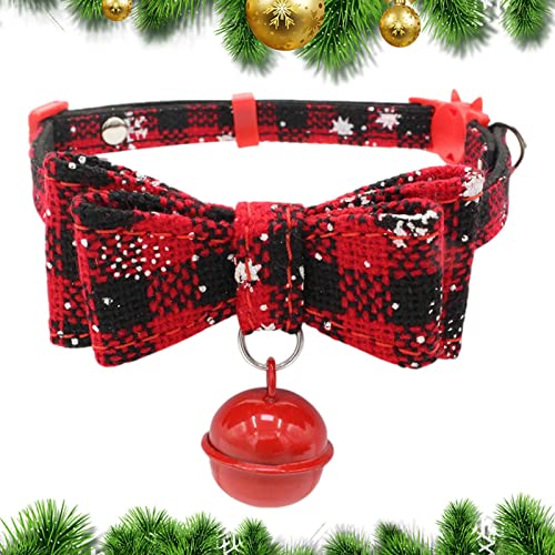 Rolempon Weihnachts-Katzenhalsband,Weiche Welpenhalsbänder mit Fliege und Glöckchen | Verstellbare Weihnachts-Hundehalsbänder mit Schneeflocken-Karomuster für kleine und mittelgroße Haustiere von Rolempon