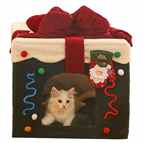 Rolempon Weihnachtskatzenbetthaus - Hundehöhle mit herausnehmbarem Kissen | Selbstwärmende Katzenhöhle für den Innen- und Außenbereich, warmes Bett für Kätzchen und kleine Hunde von Rolempon