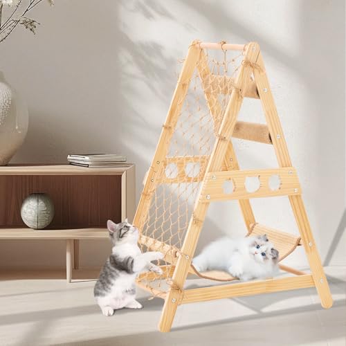 Romiromi Dreieck Katzenbaum Holz Katzenturm mit Hängematte & Sisal Kratzbaum Massivholz Katzenturm für große Katze Einfache Montage von Romiromi