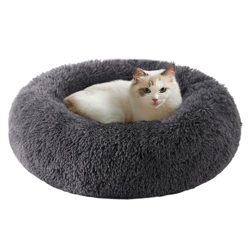 RongQiLBB Hundebetten Katzenbett Φ 70cm Haustierbett Rund Katzenkorb Donut Plüsch Hundekissen Weiches Flauschiges rutschfest Waschbar Hundesofa Haustierbett Groß (70×70×20 cm, Dunkelgrau) von RongQiLBB