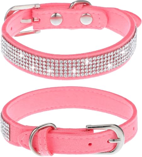 Rongchenghao Hundehalsband, XS Hundehalsband, rosa Haustierhalsband, kleines glänzendes Hundehalsband, verstellbares Leder-Wildleder-Strass-Haustierhalsband (XS, Rosa) von Rongchenghao