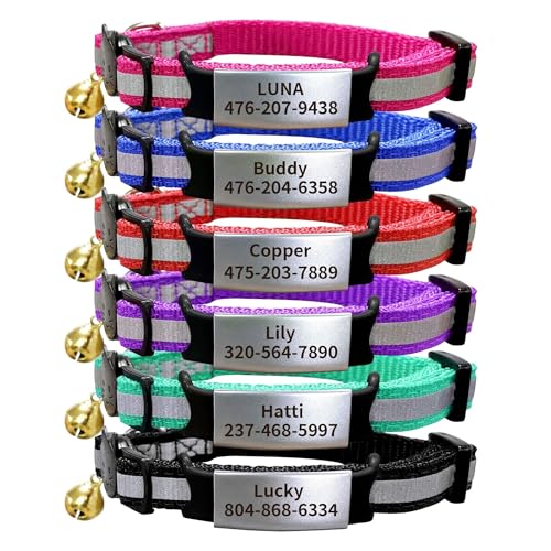 Personalisierbares Katzenhalsband, verstellbar, reflektierendes Nylon mit Katzenmuster, Schnalle, Sicherheits-Schnellverschluss, Glocke, individuelles Edelstahl-Namensschild und ID-Kennzeichen (20,3 Personalisierbares Katzenhalsband, verstellbar, reflektierendes Nylon mit Katzenmuster, Schnalle, Sicherheits-Schnellverschluss, Glocke, individuelles Edelstahl-Namensschild und ID-Kennzeichen (20,3 von Ronglin Custom