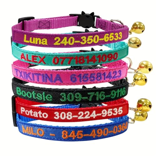 Personalisiertes Katzenhalsband, bestickter Katzenname und -nummer, verstellbares Nylon-Haustierhalsband mit Sicherheitsschnalle (18–28 cm), mehrfarbig, ausbruchsicher von Ronglin Custom