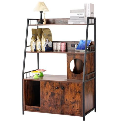 Katzenklo Schrank, Katzenschrank mit 3 Ablageflächen, Hop in Katzenklo & Katzenhaus mit Ladestation, 135x90x50CM Katzenschrank für Schlafzimmer, Wohnzimmer, Eingangshalle (Braun) von Roomark
