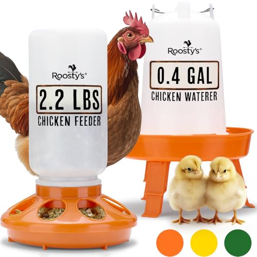 Roosty's Küken-Futterspender und Bewässerungsset – 1 l Küken-Futterspender und 1.5 l Küken-Bewässerung, Wachtelfutterspender, Starter-Kit Baby Hühner-Futterspender und Bewässerungs-Set von Roosty's