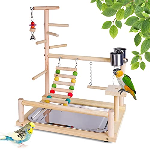 RoseFlower Vogelspielplatz Papageien Spielplatz, Naturholz Vogel Spielständer mit Feeder Cups Leiter, Kauspielzeug, Haustier Übungsspiel Sitzstange Vogelzubehör für Papageien Nymphensittiche Vogel#3 von RoseFlower