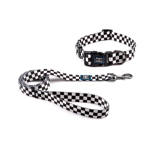 Roses&Poetry Hundeleine (1,5m) Hundehalsband im Set für Welpen Kleine Mittlere Große Hunde mit Wundervolles Design,Verstellbar Pet Hundehalsband und Hundeleine Leine Set（Schwarz/Weiß-S） von Roses&Poetry