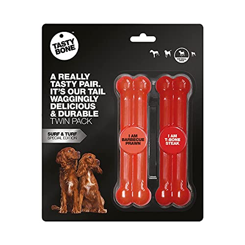Rosewood 57192 Doppelpack TastyBone Hundespielzeug aus Nylon, Sonderedition mit BBQ Garnelen - und Steak - Geschmack, 15cm von Tasty Bone