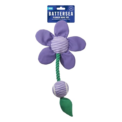 Rosewood Battersea Blumenseilspielzeug für Hunde, Outdoor-Hundespielzeug mit Seil und Tennisball, mehrstrukturiertes großes Hundespielzeug mit knisternden Blütenblättern, Lila, 45 cm lang von Rosewood