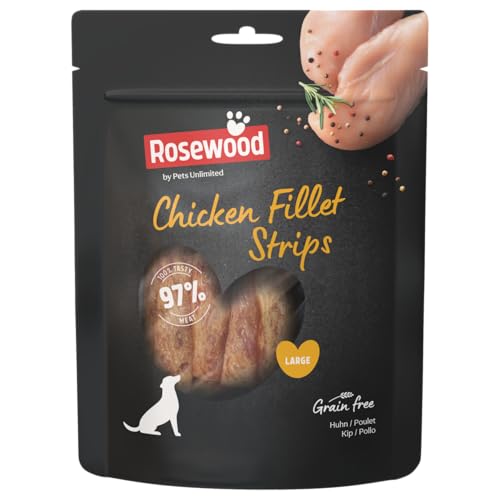 Rosewood Große Hähnchenfilet-Streifen - Weiche Leckerlis für große Hunde, 97% Hähnchen, Hochproteinhaltig, Fettarm, Getreide- und Glutenfrei, 150 g von Rosewood