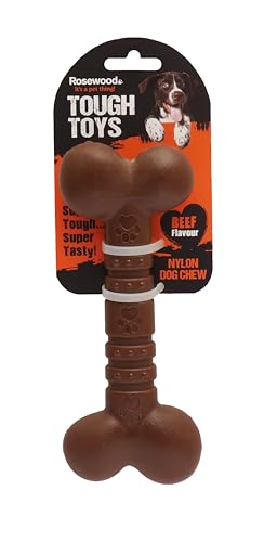Rosewood small tough and durable chew and teething bone shaped dog toy for all small dogs and puppies made of tough nylon material, Beef flavoured and scented, brown von Rosewood