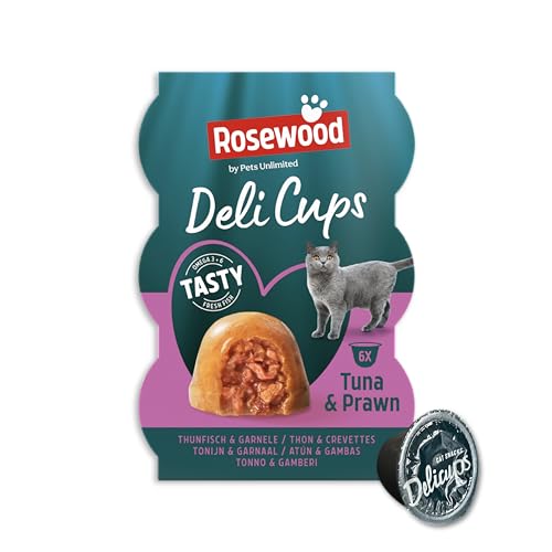 Rosewood Deli Cups mit Thunfisch & Garnelen – Weiche Katzensnacks mit natürlichen Zutaten – Mit Omega-3 & -6 – Ohne Salz, Zucker & künstliche Zusätze – 6 x 22 g von Rosewood