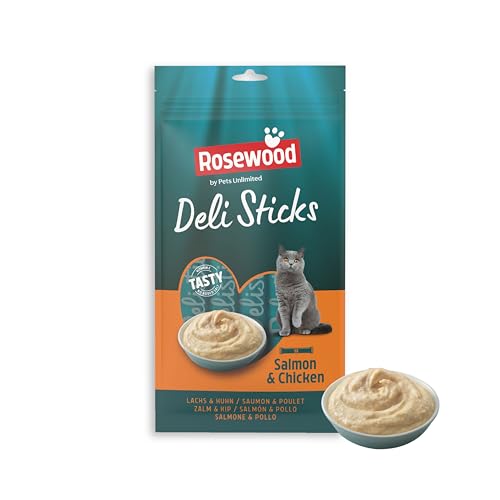 Rosewood Deli Sticks Lachs- und Huhn-Mousse für Katzen 5 × 15g – Natürlicher Snack ohne Salz oder Zucker – Mit Vitaminen und Mineralien – Ohne künstliche Farbstoffe oder Aromen von Rosewood