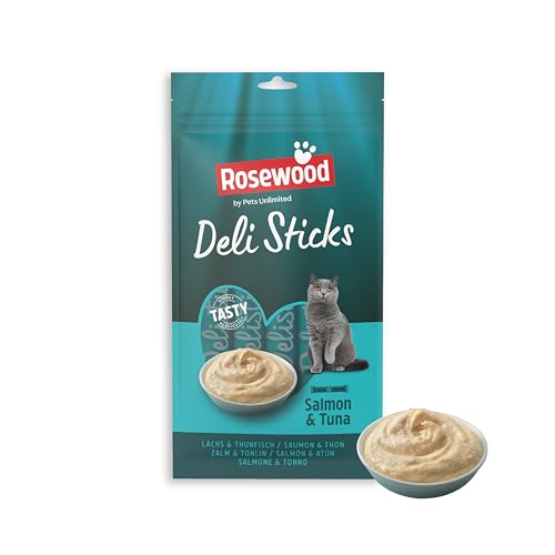 Rosewood Deli Sticks Lachs & Thunfisch – Weicher Mousse-Katzensnack, Leckerlis oder Topper für Katzen, ohne Zusatz von Salz oder Zucker, mit wichtigen Vitaminen und Mineralien, 5x15g von Rosewood