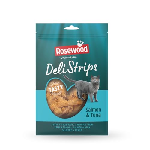Rosewood Deli Strips Thunfisch- und Lachsstreifen für Katzen 40g – Mit 65% Lachs und 15% Thunfisch – Getreidefrei, ohne Farbstoffe oder künstliche Aromen – Zarte Katzenleckerlis von Rosewood
