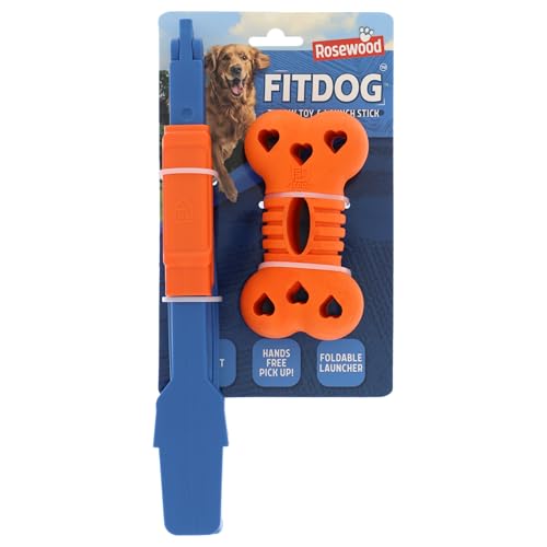Rosewood FitDog Bone mit Launcher – Robustes Hundespielzeug zum Kauen, Werfen und Apportieren – Schwimmfähig und springend – Kompakter Steck-Launcher – für Land- und Wasserspiele von Rosewood