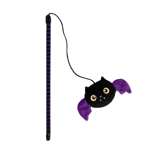 Rosewood Halloween Buffy Fledermaus Katzenstab Spielzeug - Teaser Spielzeug mit Katzenminze & Knisterflügeln - Lila & Schwarz Gestreifter Zauberstab - Interaktives Spielen für Katzen & Kätzchen von Rosewood