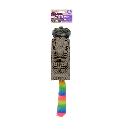 Rosewood Moody Moggy Kratzbaum aus Karton, Plüsch-Katzenspielzeug mit Regenbogen-Crinkle-Schwanz, robuster Kratzkörper aus Karton, interaktives Katzenspielzeug zum Kratzen und Spielen von Rosewood