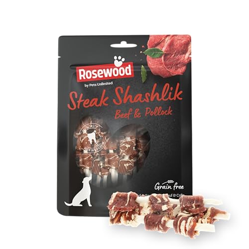 Rosewood Steak Shashlik Hundesnack – Getreidefreie Kausticks mit Rind & Seelachs, Hochwertiger Protein-Snack für Hunde – Zahnpflege-Kausnack, 100g von Rosewood