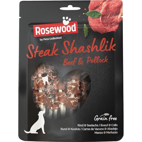 Rosewood Steak Shashlik Hundesnack – Getreidefreie Kausticks mit Rind & Seelachs, Hochwertiger Protein-Snack für Hunde – Zahnpflege-Kausnack, 100g Rosewood Steak Shashlik Hundesnack – Getreidefreie Kausticks mit Rind & Seelachs, Hochwertiger Protein-Snack für Hunde – Zahnpflege-Kausnack, 100g von Rosewood