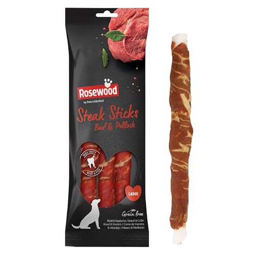 Rosewood Steak Sticks große Hundeleckerlis 240g – 3 Stück – Mit Rind und Seelachs – Getreidefrei, glutenfrei, ohne künstliche Zusatzstoffe – Zahnpflege-Snacks für große Hunde von Rosewood