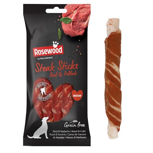 Rosewood Steak Sticks Hundeleckerlis 90g – 4 Stück – Mit Rind und Seelachs – Mittelgroße Snacks für Hunde – Getreidefrei, glutenfrei, ohne künstliche Zusatzstoffe – Zahnpflege durch Kauen von Rosewood