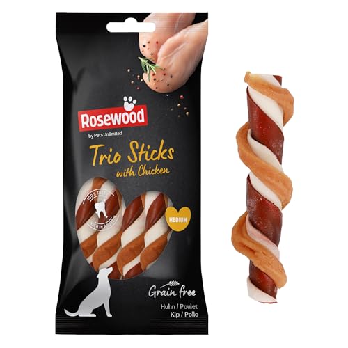 Rosewood Trio-Kausticks mit Hühnchen für mittelgroße Hunde - Zahnhygiene, ohne Getreide und Gluten, Keine künstlichen Zusätze, enthält Rinderhaut, 90 g von Rosewood