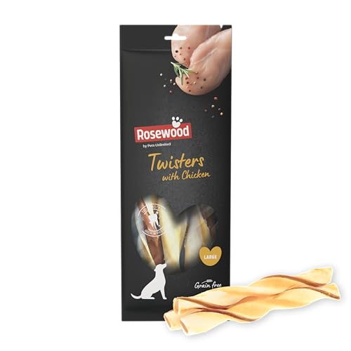 Rosewood Twisters mit Hühnchen – Harte Kausnacks aus Rinderhaut für große Hunde – Zahnpflegend, getreidefrei & glutenfrei – Ohne künstliche Zusätze – 210 g von Rosewood