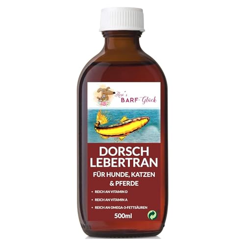 Rosi's Barf-Glück Premium Dorschlebertran für Hunde Katzen & Pferde 500ml – 100% Natürliches Fischöl mit Omega-3-Fettsäuren & Vitaminen – Lebertran Hund perfekt fürs Barf – Lebertran für Tiere von Rosi's Barf-Glück