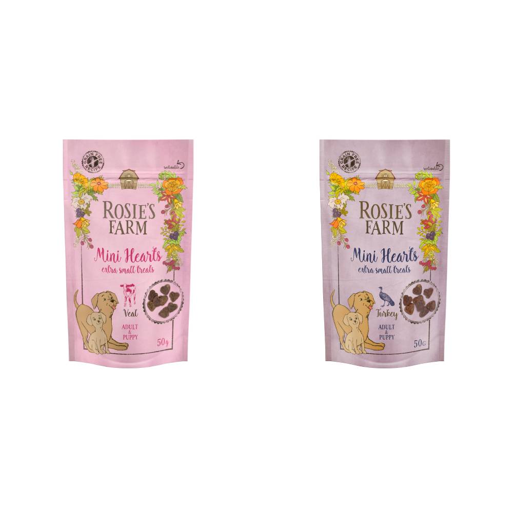 Rosie's Farm Snacks Probierpaket - 2 x 50 g Mini Hearts Puppy & Adult (Truthahn & Kalb) von Rosie's Farm